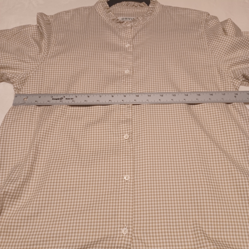 Orvis Tan Gingham Ruffle Collar Shirt 100% Cotton, Medium - Picture 5 of 6